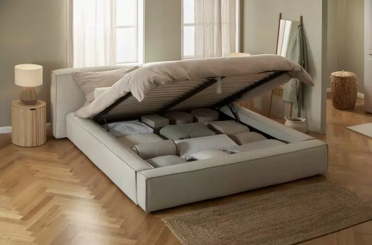 Bed with chest will solve the problem of storing quilts, pillows and bedding