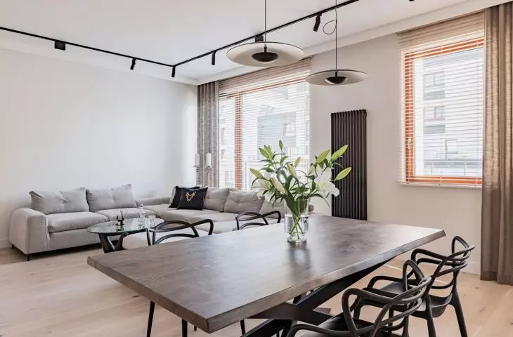 The open-plan living area consists of a kitchen, dining room and living room