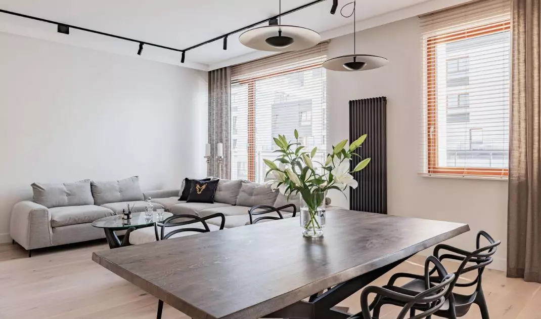 The open-plan living area consists of a kitchen, dining room and living room