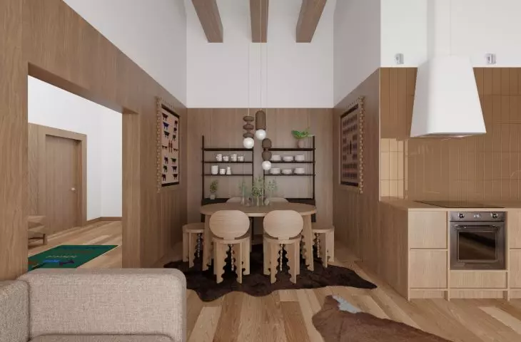 Interior of the living room including the kitchen
