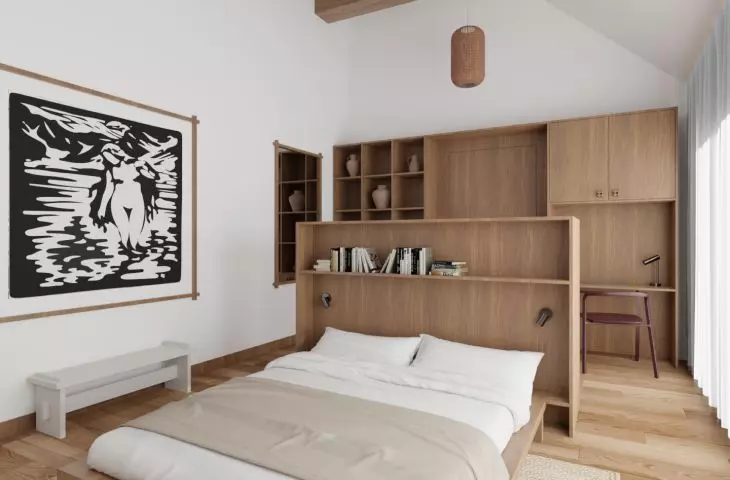 Bedroom interior, on the wall linocut
