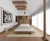Bedroom interior, on the wall linocut 