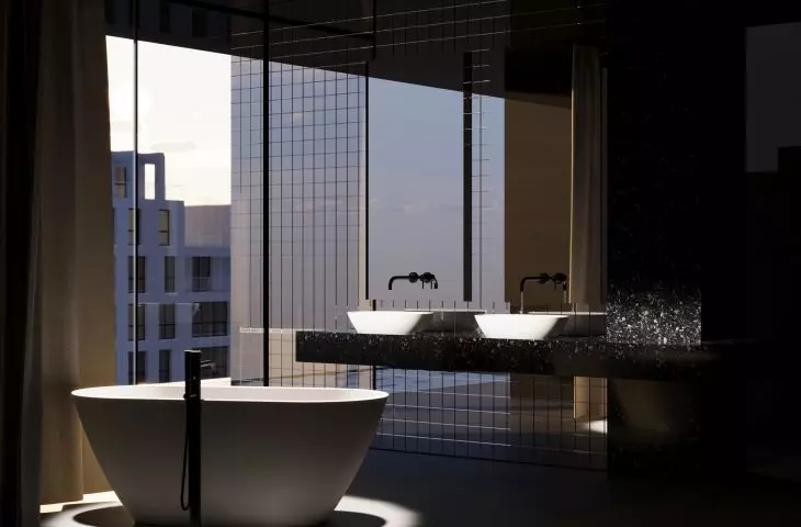 Second place was awarded to Maciej Kozlowski for his bathroom design, where the architecture and lighting build a backdrop for the key elements of home spa equipment - the bathtub