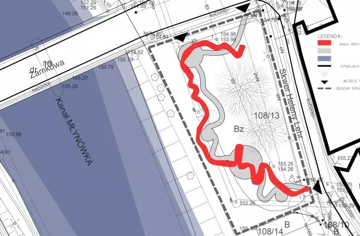 Autorki wprowadziły na teren skweru małą architekturę w formie czerwonej linii