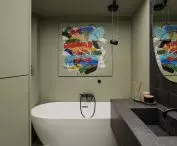 Interior of a bathroom with a free-standing bathtub