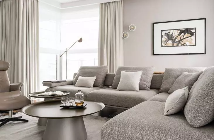 The living room arrangement is more subdued