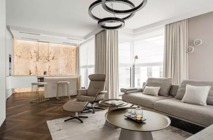 The living area counterbalances the ornate kitchen