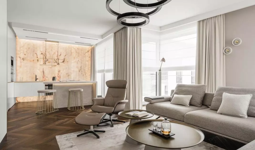 The living area counterbalances the ornate kitchen