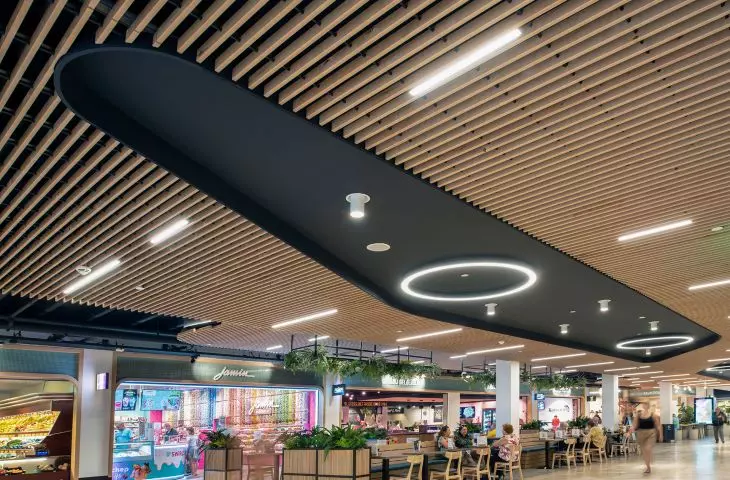 Solid Wood Grid ceiling, Sterrenburg Shopping Center in Dordrecht, the Netherlands Photo: Hunter Douglas Architectural