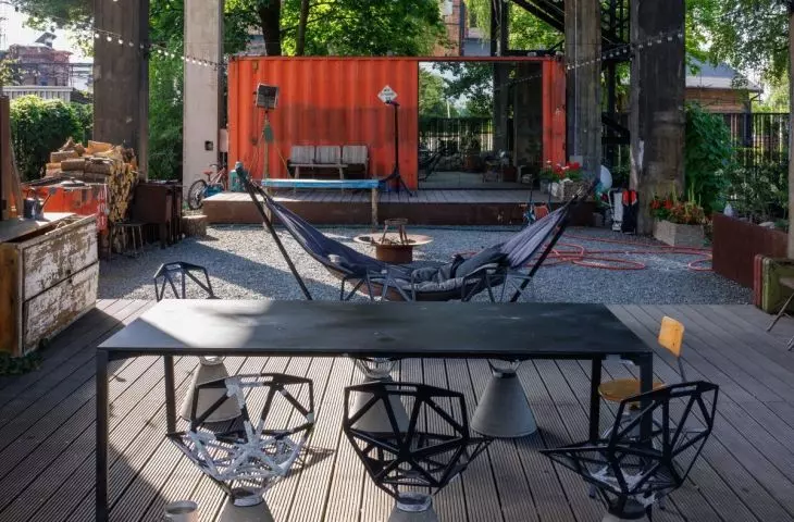 A summer kitchen has been set up next to the house