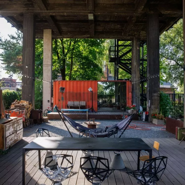 A summer kitchen has been set up next to the house