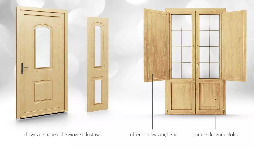 W ofercie znajdują się panele tłoczone wraz z wraz z pasującymi do nich dostawkami, panelami dolnymi i okiennicami wewnętrznymi