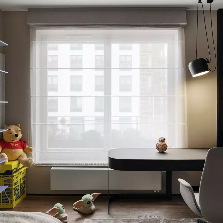 Purple bookcases provide a place to display the tenant's favorite items