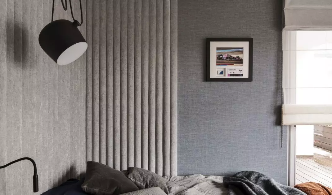 Upholstered panels in son's room are narrow and convex
