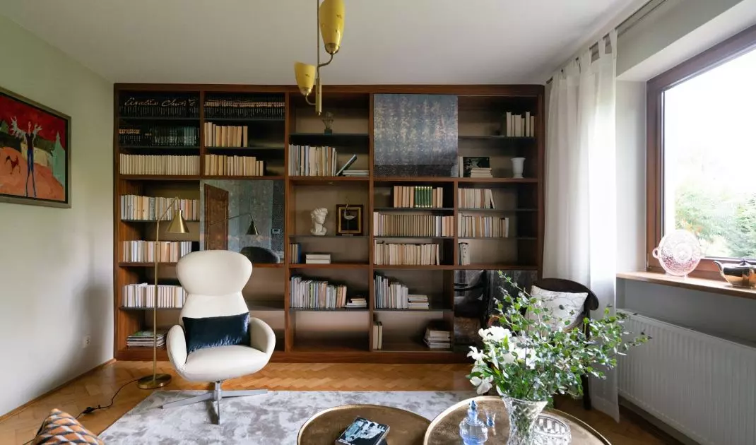 The bookcase was assembled by carpenters on site