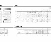 Projekt przestrzeni coworkingowej, rzut i przekrój