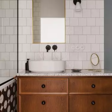 Decorative retro-style flooring adds character to the arrangement
