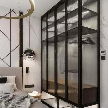 Ornamental glass and LED backlighting turn the closet into a bedroom decoration