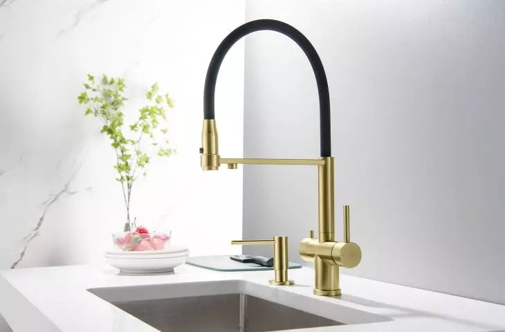 Faucet with connection for filtered water and pull-out spout TUSAR SHAMPAŃ GOLD