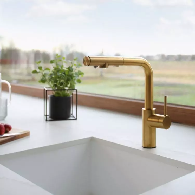 Duero Pure Basic water filter faucet in brushed gold color