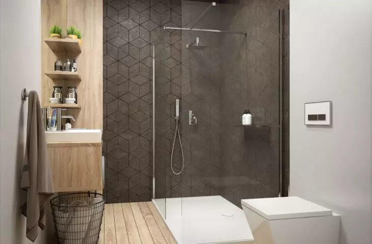 Rectangular walk-in cabin made of two TX5b series shower screens with Space Mineral shower tray 