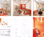 konkurs na uniwersalną koncepcję architektoniczną aranżacji wnętrza bibliotecznej strefy dla dzieci — praca autorstwa  Oliwii Kędzińska, Lizavety Vizner 