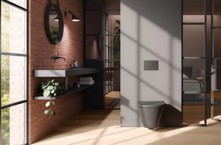 Use brick, concrete, metal and wood to create an industrial bathroom