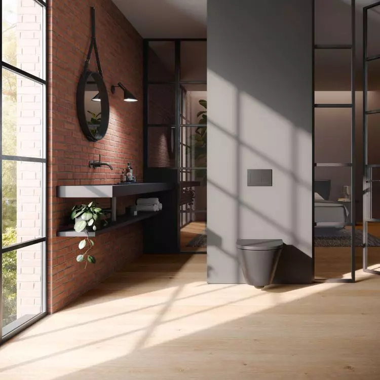 Use brick, concrete, metal and wood to create an industrial bathroom