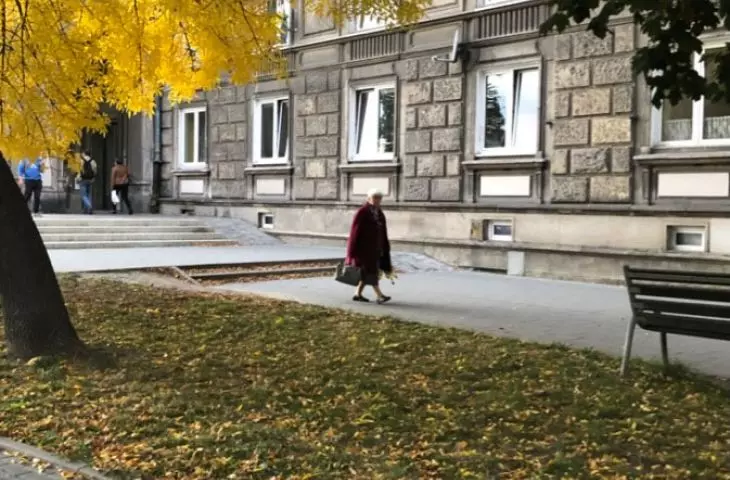 Picture a wide sidewalk, separated by a green belt from the street, in the corner a bench - a place to rest