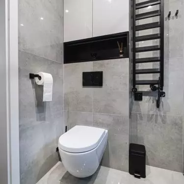 The enclosure above the toilet provides storage space