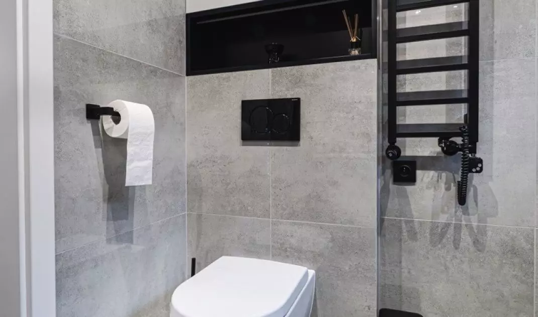 The enclosure above the toilet provides storage space