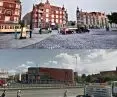 Pre-war visualization and current state of space in downtown Gdansk - Podwale Grodzkie view from before the station