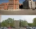 Wizualizacja przedwojenna i stan obecny przestrzeni w Śródmieściu Gdańska — nieistniejący już plac Hanzy z przekształconymi pozostałościami zabudowy 