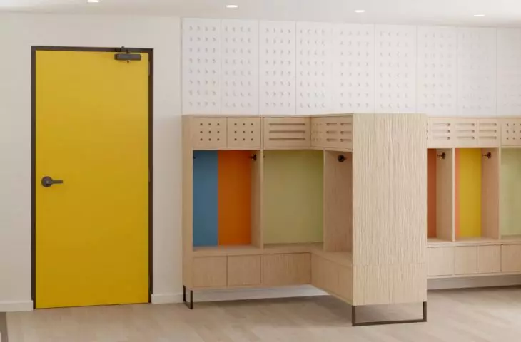 wizualizacja wnętrza szkoły, szatnia