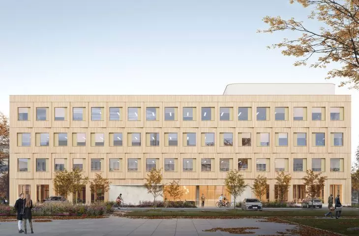 the building designed by the studio is the first mid-rise office building with wooden technology