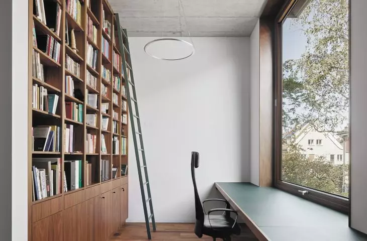 library with a window overlooking the street