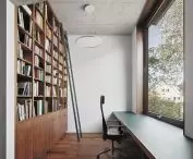library with a window overlooking the street