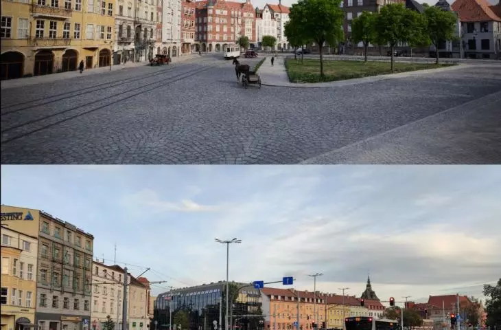 Pre-war visualization and current state of the space in Downtown Gdansk - Hucisko area; best preserved fragment