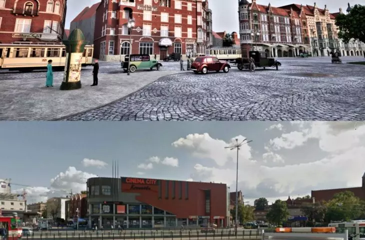 Pre-war visualization and current state of space in downtown Gdansk - Podwale Grodzkie view from before the station