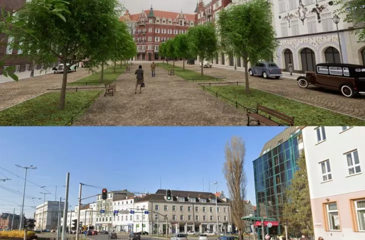 Pre-war visualization and current state of space in Downtown Gdansk - Waly Jagiellońskie Street, view towards Hucisko.