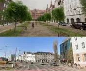 Pre-war visualization and current state of space in Downtown Gdansk - Waly Jagiellońskie Street, view towards Hucisko.