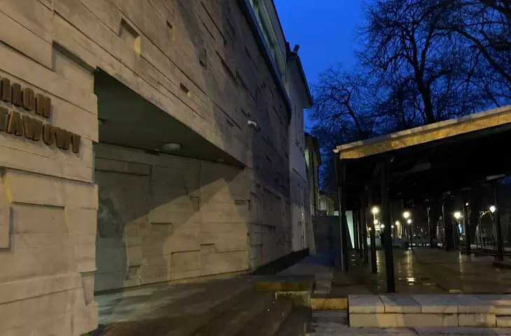 The pavilion is slightly offset from the facade