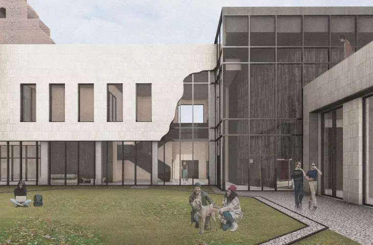 elewacja nowej części zaprojektowana została z użyciem dwóch materiałów: płytek klinkierowych i przechodzącego przez budynek szkła
