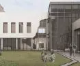 The facade of the new part was designed with two materials: clinker tiles and glass passing through the building