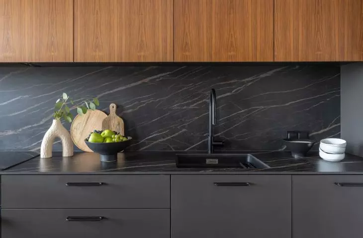 The upper cabinets were covered with teak wood veneer
