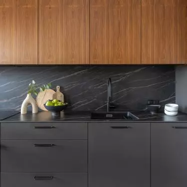The upper cabinets were covered with teak wood veneer