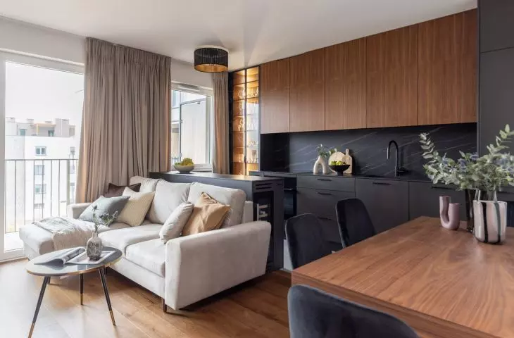The open-plan living area consists of a kitchen, dining room and living room