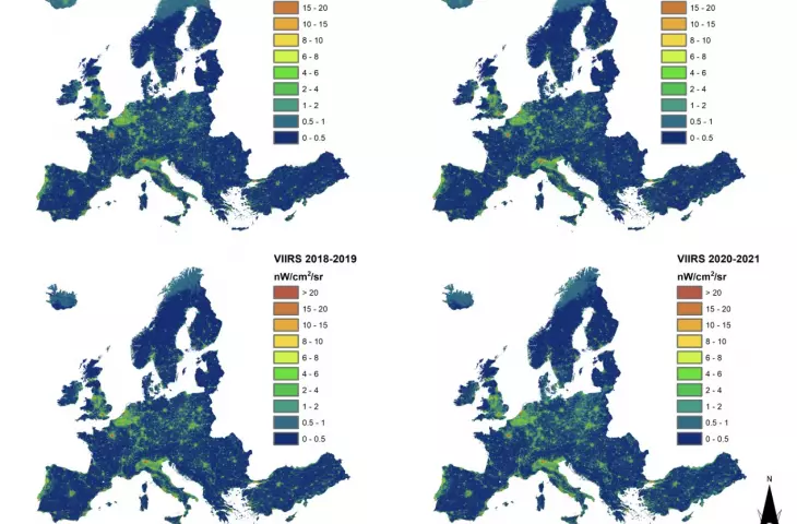 Porównanie średniej 2-letniej emisji światła w Europie w latach 2014-2021
