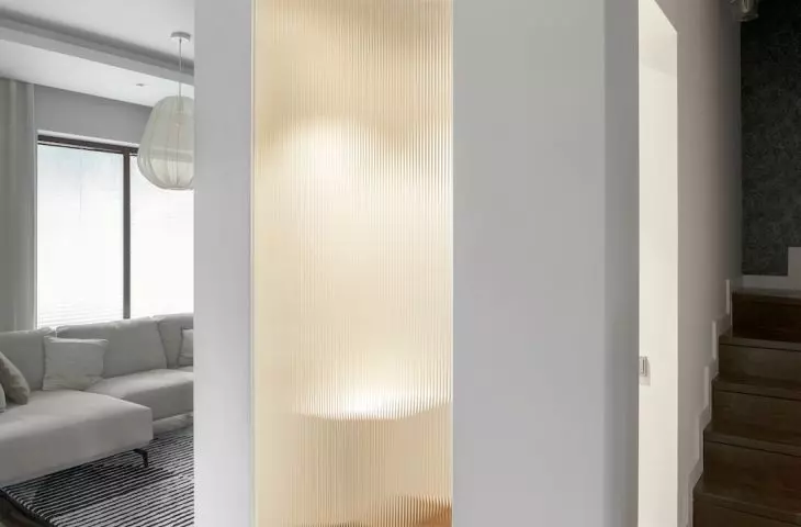 The bathroom is separated from the living room by a fluted glass pane