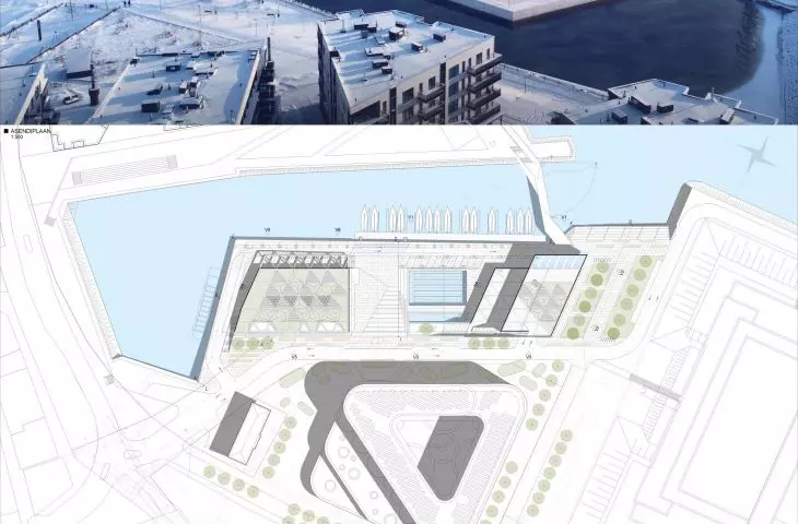 competition board, bird's eye view and site plan